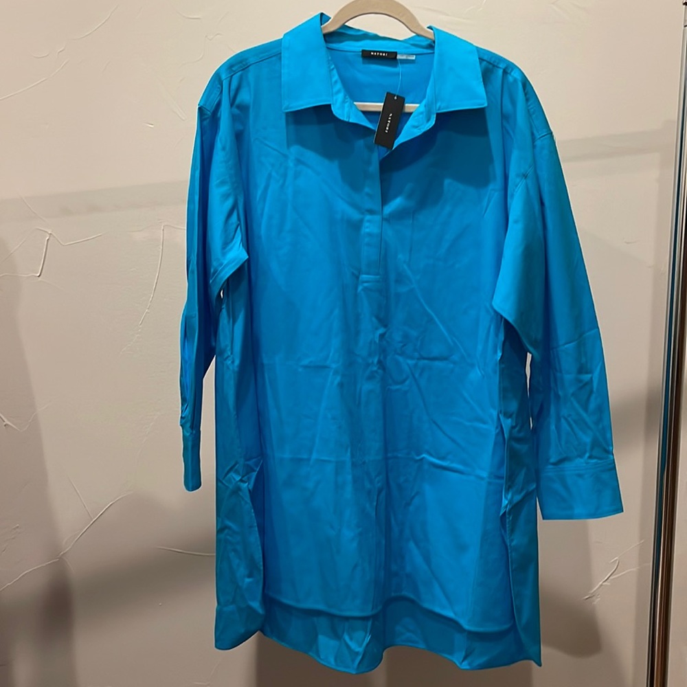 NWT Natori Aqua Blue Cotton Poplin Top Size XL